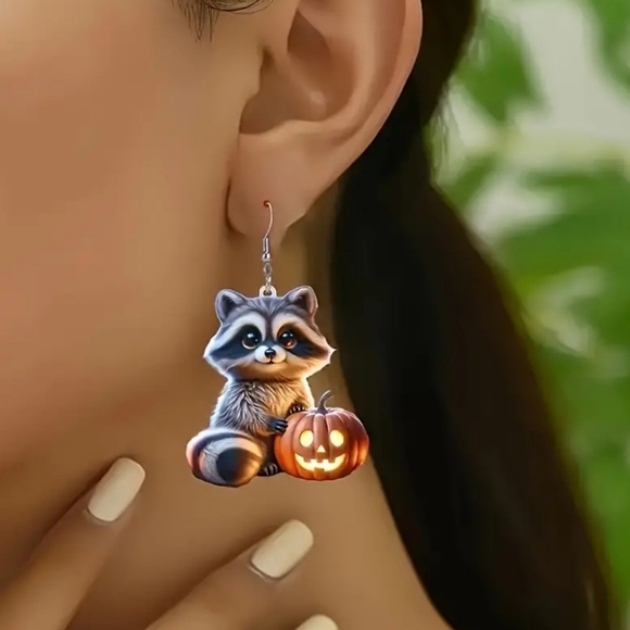 NEW Charming Raccoon and Pumpkin Acrylic Dangle Earrings - Picture 3 of 5